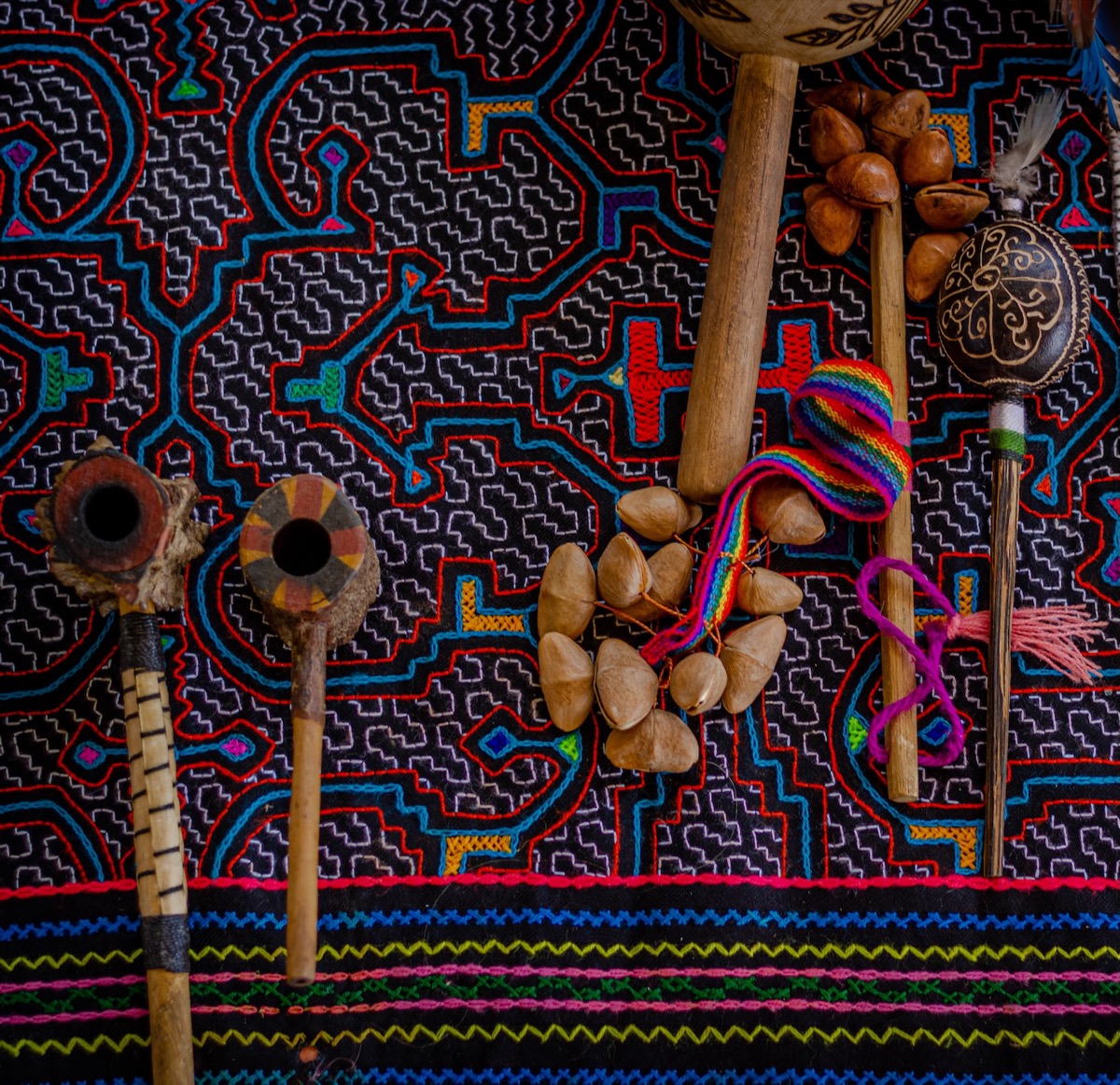 Ceremonial instruments on a Shipibo textile